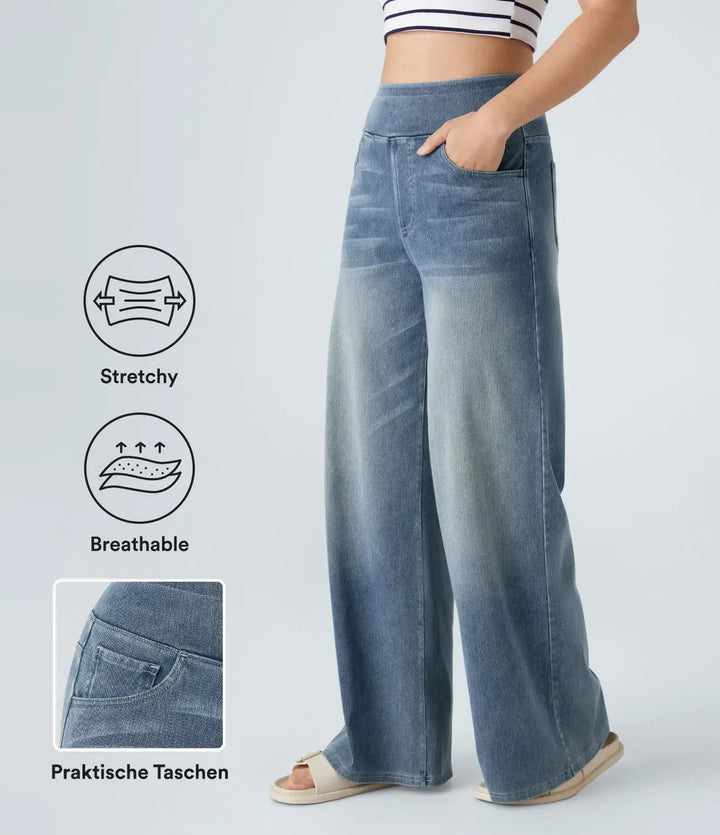 Habara Flex™ Lässige Jeans aus verwaschenem Stretch-Strick mit hohem Bund, mehreren Taschen und weitem Bein MOKKAKAI