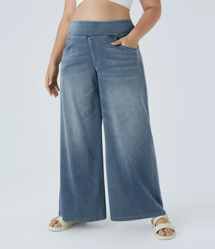 Plus-Size Kalara Flex™ lässige, verwaschene Jeans aus elastischem Strick-Denim mit hohem Bund, mehreren Taschen und weitem Bein MOKKAKAI