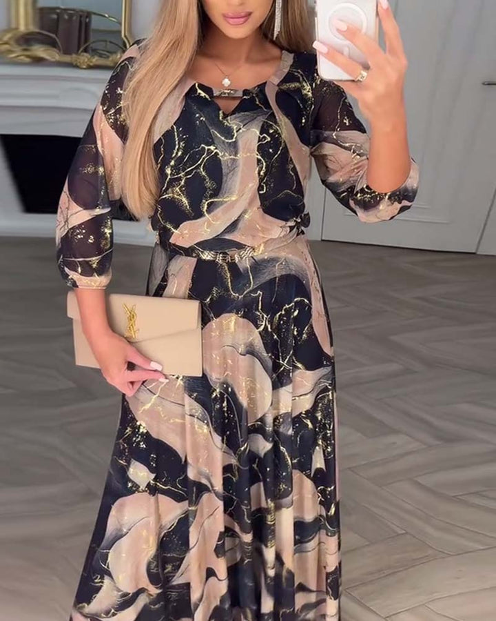 Kleid Elegant Dreiviertelarm Gedruckte Taille MOKKAKAI