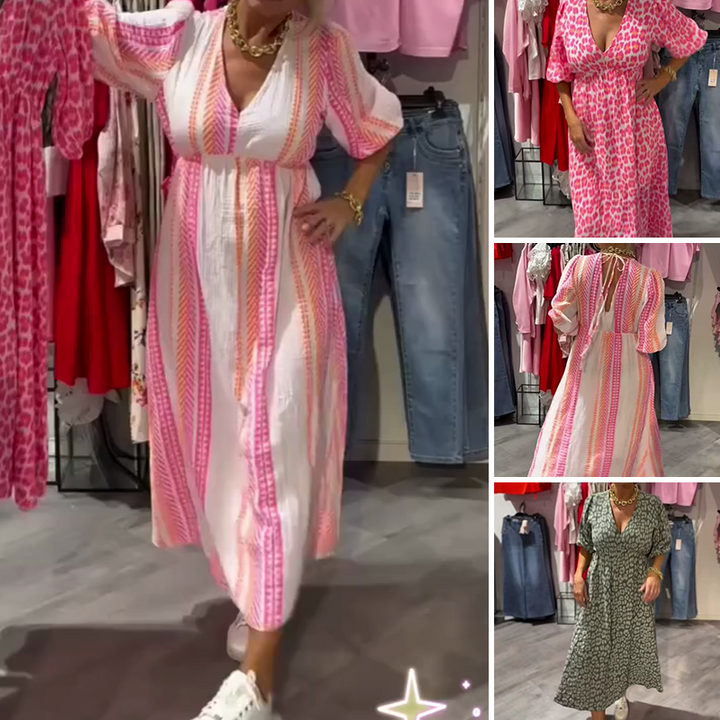 🌻Sommer-Hot-Sale - 50% Rabatt🌞🌸Damenkleid mit V-Ausschnitt und Druck MOKKAKAI