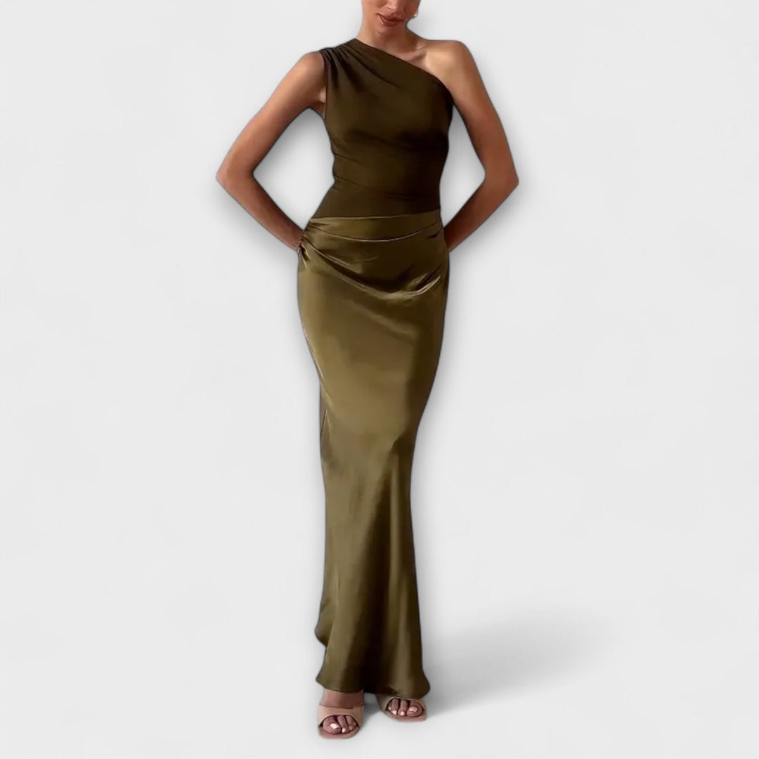 Elegantes Ein-Schulter Falten Maxi Kleid MOKKAKAI