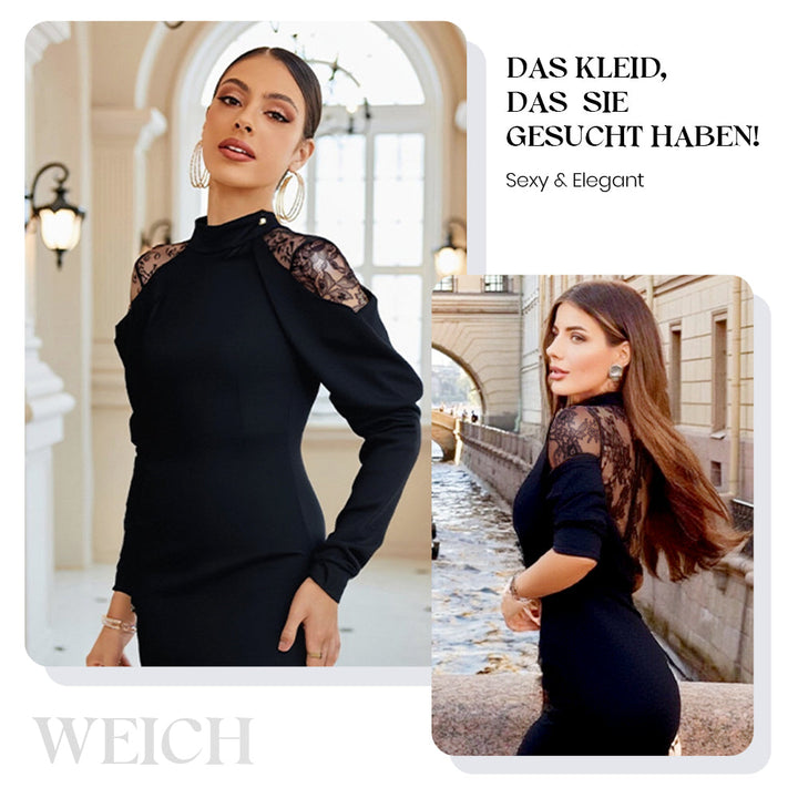 👗Damen elegantes Midikleid mit Stehkragen und Spitzen-Detail am Rücken MOKKAKAI
