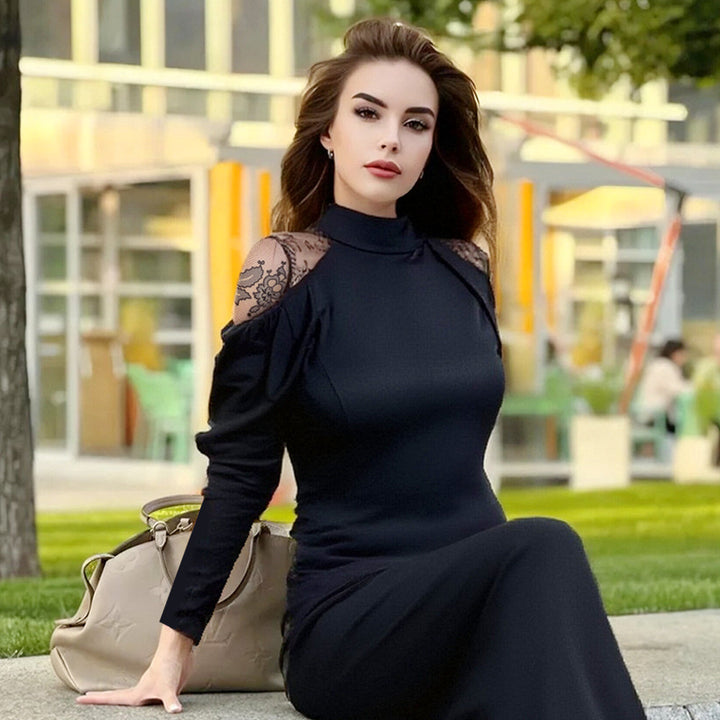 👗Damen elegantes Midikleid mit Stehkragen und Spitzen-Detail am Rücken MOKKAKAI
