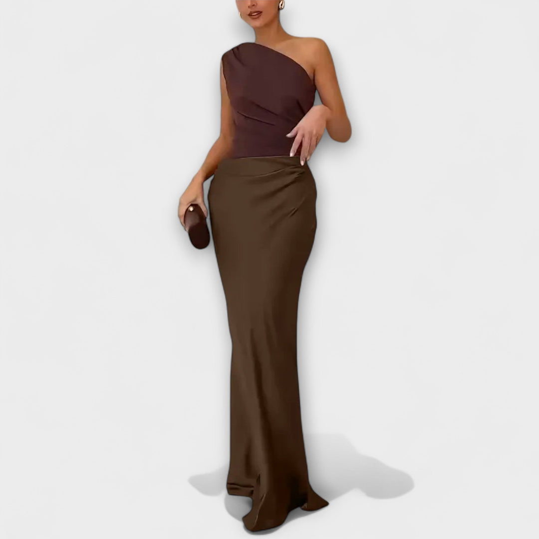 Elegantes Ein-Schulter Falten Maxi Kleid MOKKAKAI