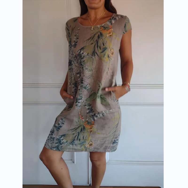 🌷LETZTER TAG VERKAUF 49% RABATT🍀Rundhalskleid mit botanischem Druck für Frauen MOKKAKAI